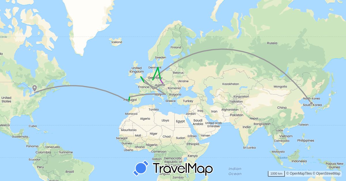 TravelMap itinerary: driving, bus, plane, train in Austria, Canada, Czech Republic, Germany, Denmark, France, United Kingdom, Croatia, Italy, South Korea, Portugal (Asia, Europe, North America)